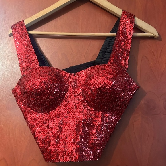 Macrina Elegant Red Sequin Corset Top Bustier velco closure Sz M Women - Picture 3 of 7